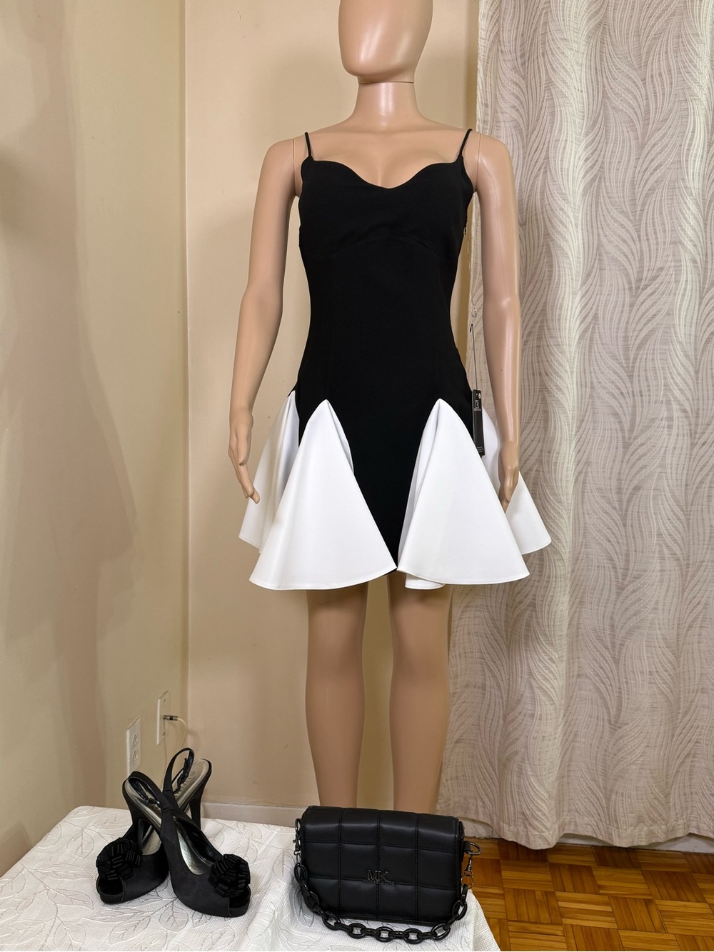Black & White Spaghetti Strap Fit-and-Flare Dress